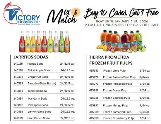 Promotional flyer for Victory Foodservice with unique sodas and fruit pulps offers and details.