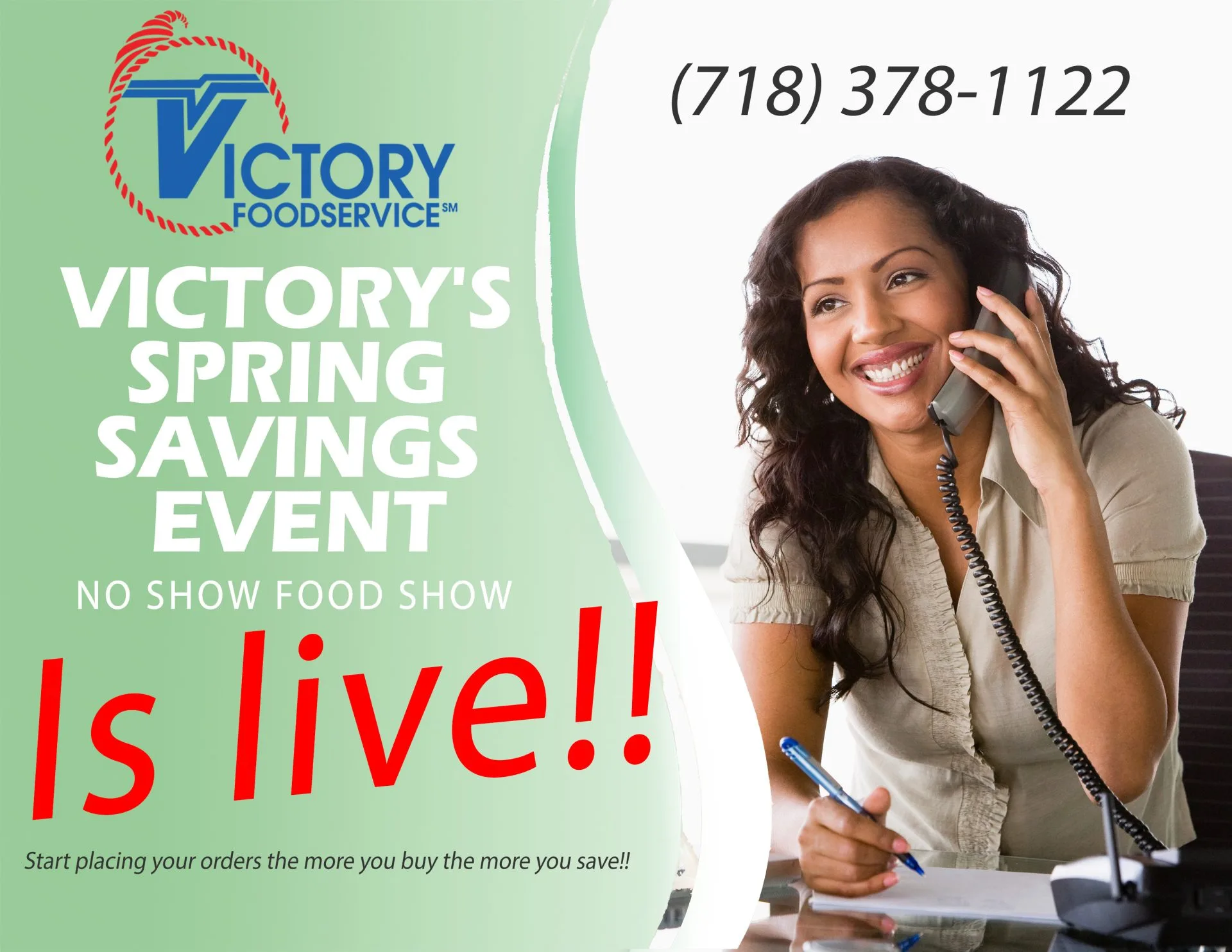 Victory Foodservice spring savings event promotional image featuring a customer service representative on phone, advertising no-show food show deals for wholesale food distributors and suppliers.