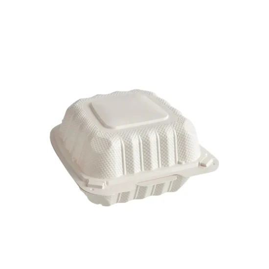 White hinged foam takeout container with six compartments, ideal for food distribution, meal prep packaging, and commercial foodservice operations.