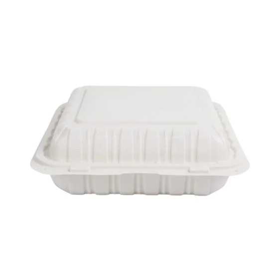 White disposable hinged-lid food container with 9 compartments, ideal for food distribution and wholesale foodservice packaging.